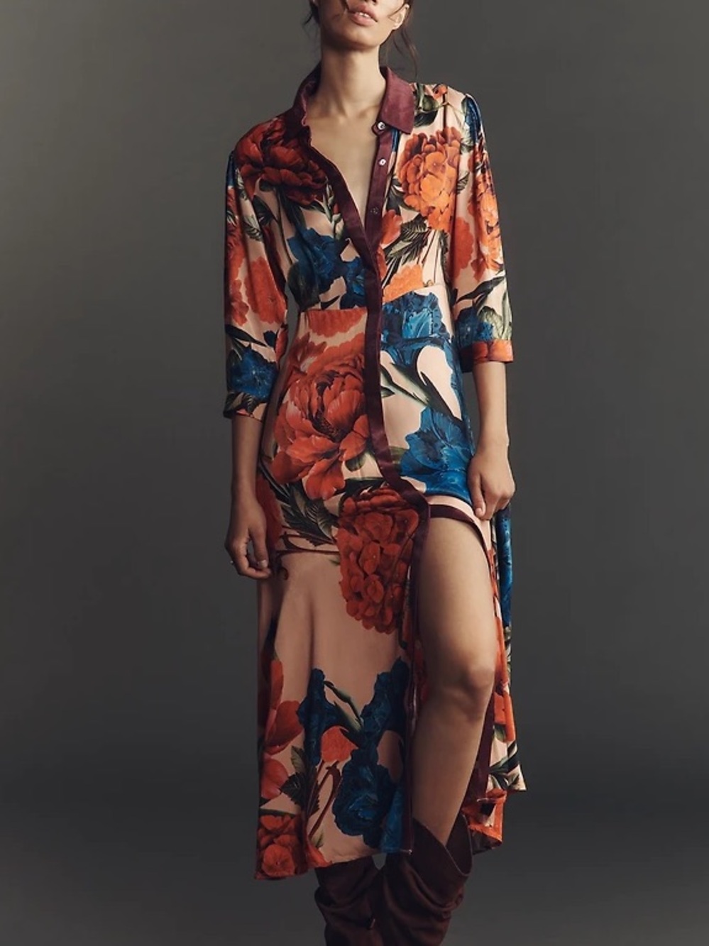NWT Bl^nk Anthropologie Floral Midi Button Shirt Dress Sleeves Multi Petite S